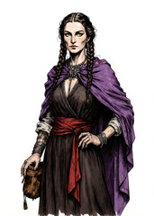 Fantasy RPG illustration of a mature female nomad with long braided hair, bright green eyes and violet shawl over dark dress, old school desert wanderer character for tabletop roleplay