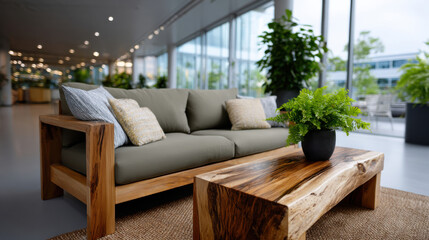 A warm rustic wooden sofa adorned with colorful cushions, set against large windows abundant with natural light, creating an inviting and vibrant living space.