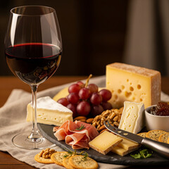 Glass of red wine with cheese platter