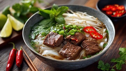 Delicious bowl of Pho soup with beef, fresh herbs, and vibrant red chilies