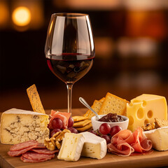 Glass of red wine with cheese platter
