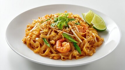 Pad Thai noodle dish with shrimp, bean sprouts, cilantro, peanuts, and lime wedges