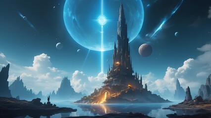 Majestic spire city under a colossal glowing blue orb in a mystical alien realm, its cosmic light reflecting serenely on still waters