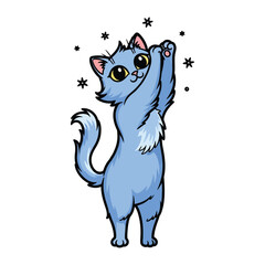 Playful Feline in an Artful Pose: This artwork presents a cheerful, light-blue cat, captured in a lively and playful pose.