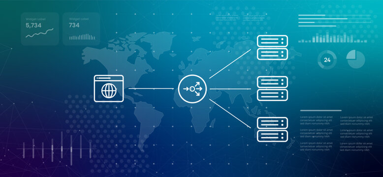 load balancer diagram over a world map background concepts of network traffic distribution server optimization and high performance cloud computing on global scale