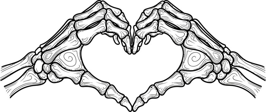 Skeleton hands are forming a heart shape in black and white line art, creating a spooky and playful feeling perfect for Halloween designs and themed illustrations.