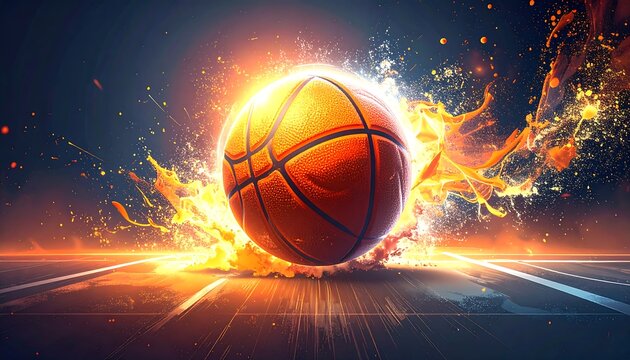 Fiery basketball on a court - Powered by Adobe