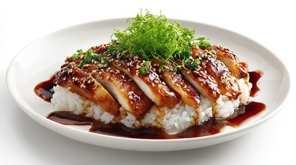 Glazed chicken slices on rice with green garnish, glossy glaze, served on plate