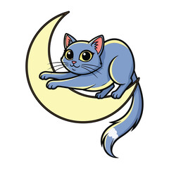 Moonlit Serenity: A whimsical illustration depicts a serene grey cat, basking on a crescent moon, exuding calm and wonder.