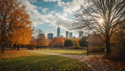 Autumn Trees in Park with City Skyline View