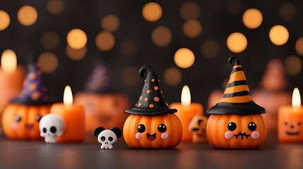Adorable spooky pumpkins with cheerful scary expressions, mini skulls, candles, and witch hats on orange