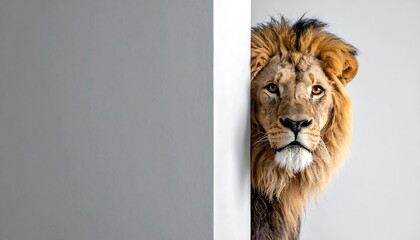 Lion peeking from behind a wall