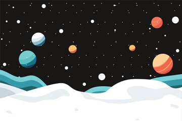 The galaxy in dark sky filled with twinkling stars and colorful orbiting planets