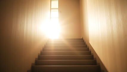 A sunlit staircase leading upward with a radiant glow at the top, creating strong contrast.