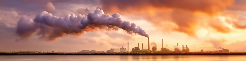 Industrial landscape featuring a large factory emitting thick smoke, creating a hazy atmospheric pollution scene that. Environmental issues, climate change, air quality concerns, heavy industry