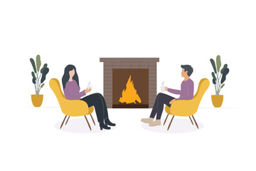 Couple Relaxing by Fireplace with Hot Drinks in Cozy Living Room