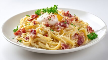 Creamy pasta dish with eggs, crispy bacon, and herbs on a white plate
