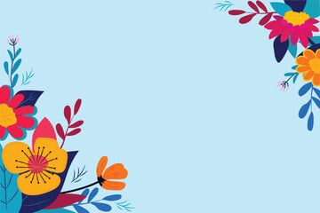 Floral spring in shades of yellow, orange, and red with green leaves, decorating the corners of a light blue background