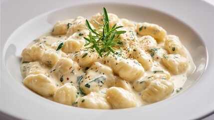 Gnocchi swims in creamy sauce with herb garnish, served on elegant white plate