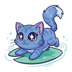 Cute Cartoon Cat on Lilypad: A delightful cartoon cat, with big expressive eyes, balances playfully on a lilypad in a pond, full of charm and whimsical, a visual treat for animation lovers.