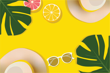 Sunglasses hats oranges slices and tropical leaves on a bright yellow background summer sunny beach vibe