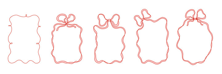 Collection of hand drawn ribbon bow frames in coquette style. Cute decorative borders for cards, invitations, planners, scrapbooking, packaging design, digital projects, and social media