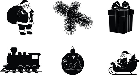 Christmas, holiday, winter, icon, Santa, pine branch, gift, train, ornament, sleigh, vector, black, white, design, art, festive, seasonal, decoration, celebration, symbol