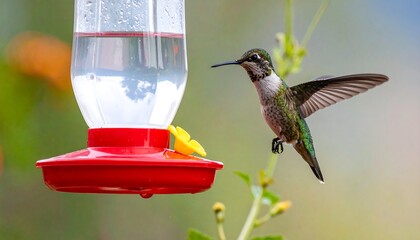 A hummingbird hovers near a red feeder, showcasing vibrant colors against a soft, out-of-focus background.
