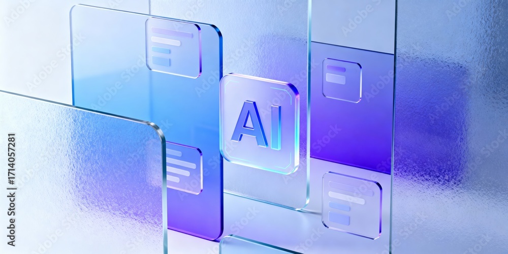 Poster ai icon on translucent glass panels with gradient blue purple lighting, futuristic 3d interface and 