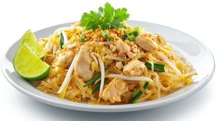 Tasty Pad Thai dish with chicken, bean sprouts, lime, and cilantro on a white plate