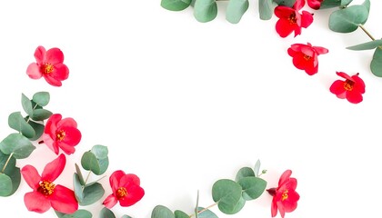 Red flowers and eucalyptus leaves arranged in a frame