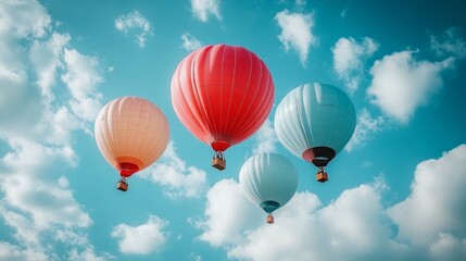 Fototapeta premium Vibrant hot air balloons float high above the landscape, painting the sky