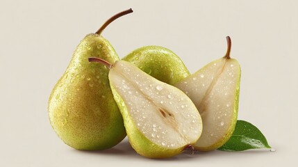 Three pears, whole and sliced, with water droplets, and leaves,  on a light beige background