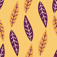 Seamless pattern with purple leaves on yellow