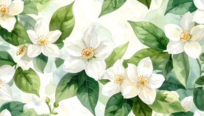 A captivating floral pattern, featuring delicate white jasmine blossoms and lush green leaves, set against a soft, watercolor background.