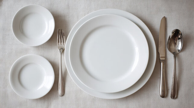 Formal dinner table setting with empty white plates silverware and small side dishes neatly arranged on a light tablecloth