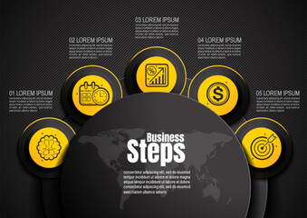 Black and yellow 5 step infographic layout for presentation, timeline, workflow, and business report, simple clear icons and design elements, illustration template, not AI generated