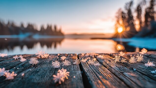 Frozen snowflakes on a winter wooden dock at sunset over a lake - Powered by Adobe
