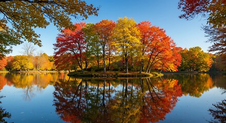 Vibrant autumn trees with fiery red and yellow foliage reflected in a calm lake