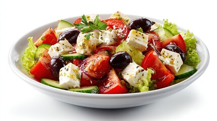 Fresh Greek salad with tomatoes, cucumber, olives, feta, and herbs