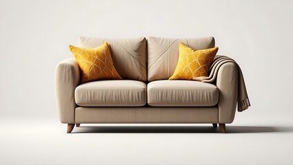 Cozy beige loveseat with yellow accent pillows and a draped blanket