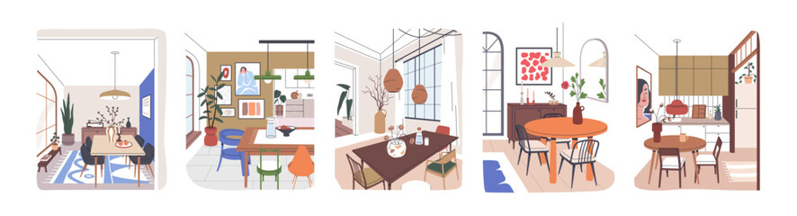 Dining room designs set. Modern-style home kitchen areas, interior with dinner table, chair, light, plant and trendy cozy decor, furniture. Flat vector illustration isolated on white background.