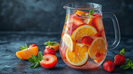 Citrus fruits and strawberries blend in a pitcher, perfect for warm summer days and gatherings