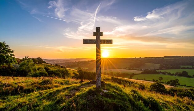 Wooden cross at sunset over rolling hills