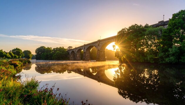 Sunrise over a river and bridge - Powered by Adobe
