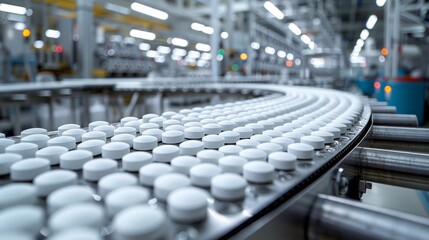 Fototapeta premium A busy production line demonstrates the efficient manufacturing of tablet medications in a modern facility filled with machinery