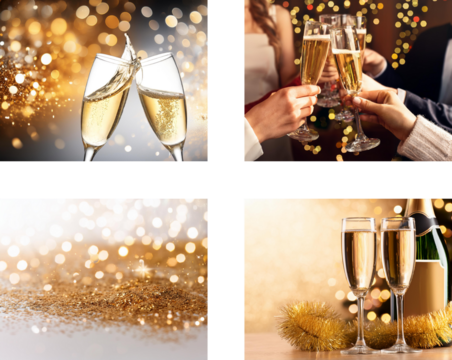 Silvester Collage mit Party, Sekt und Bokeh-Lichtern