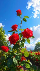 Vibrant red roses against a vibrant blue sky, showcasing a beautiful garden scene with a profusion of blossoms and lush green foliage.