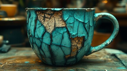 Rustic turquoise mug features unique cracks that reveal its story of age and artistry in a cozy workshop