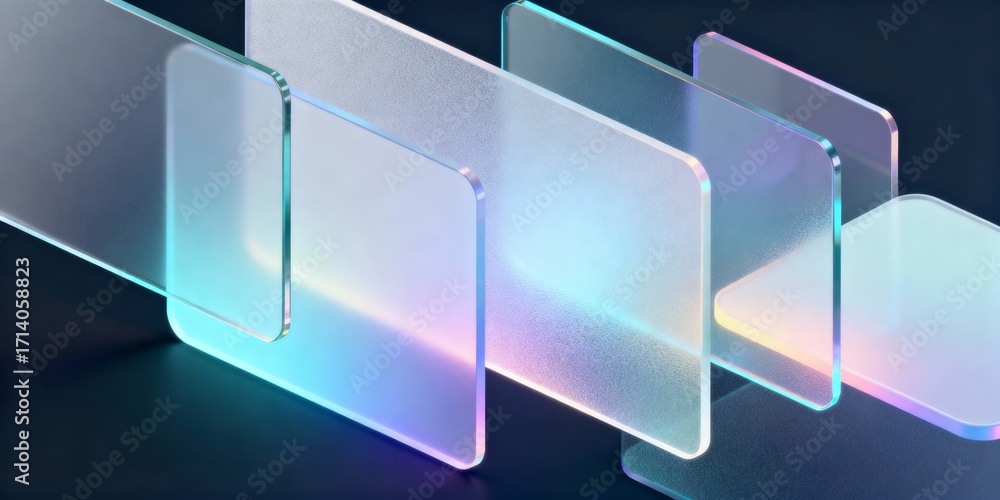 Poster Abstract 3d glass panels with rounded edges and iridescent neon gradient light on dark background for modern technology and ui design concept